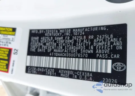 2025 Toyota Camry Se from USA, damaged, VIN 4T1DAACK0SU076570
